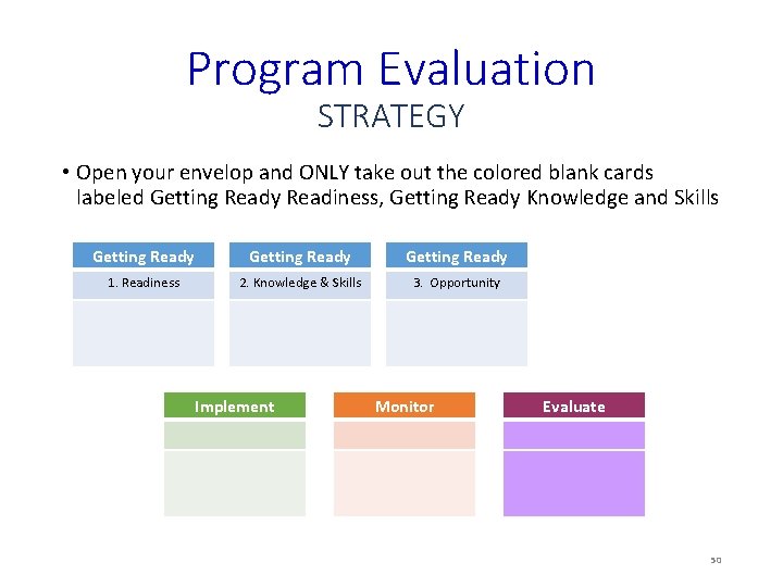 Program Evaluation STRATEGY • Open your envelop and ONLY take out the colored blank