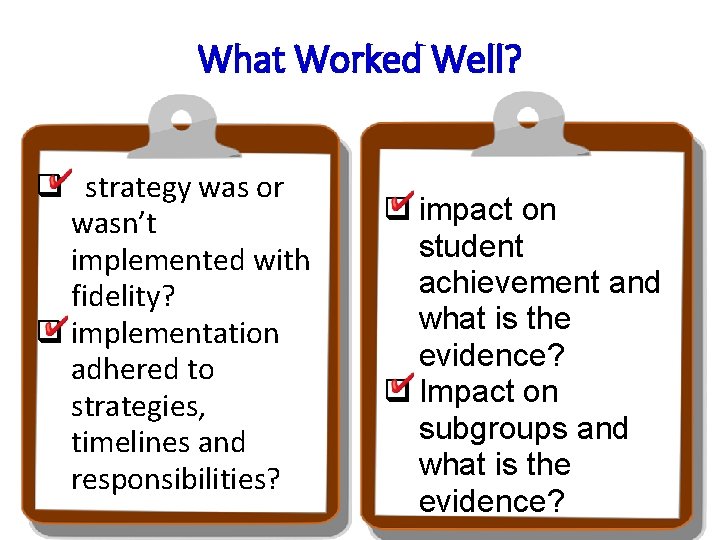 What Worked Well? q strategy was or wasn’t implemented with fidelity? q implementation adhered