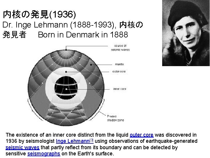 内核の発見(1936) Dr. Inge Lehmann (1888 -1993), 内核の 発見者　　Born in Denmark in 1888 The existence