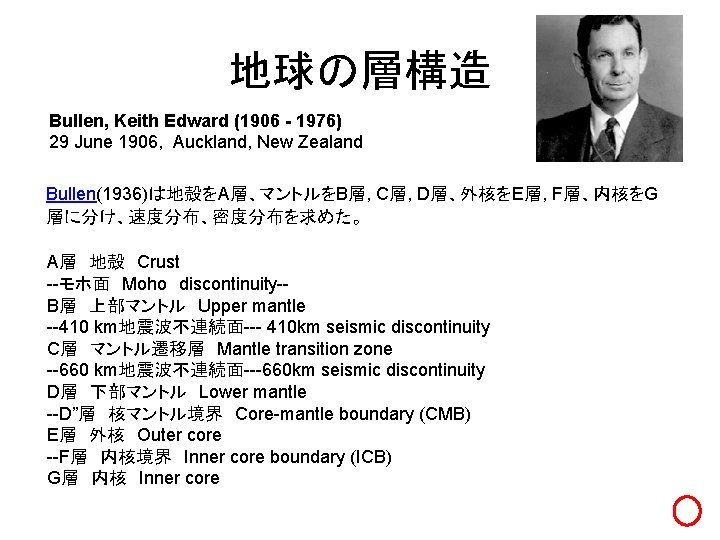 地球の層構造 Bullen, Keith Edward (1906 - 1976) 29 June 1906, Auckland, New Zealand Bullen(1936)は地殻をA層、マントルをB層,