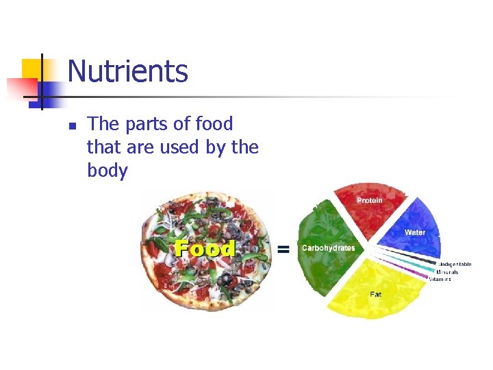 Nutrients n The parts of food that are used by the body 