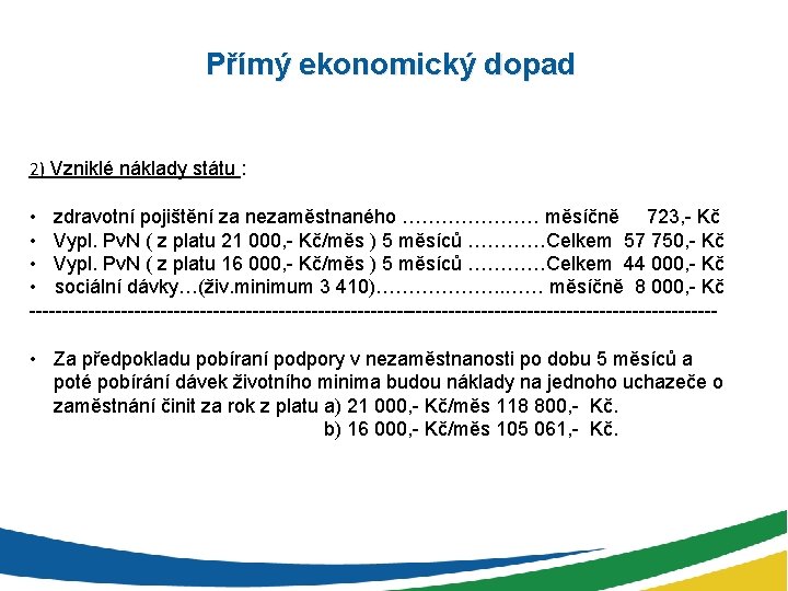 Přímý ekonomický dopad 2) Vzniklé náklady státu : • zdravotní pojištění za nezaměstnaného …………………