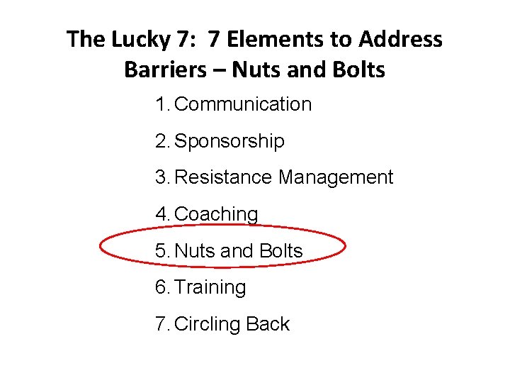 The Lucky 7: 7 Elements to Address Barriers – Nuts and Bolts 1. Communication