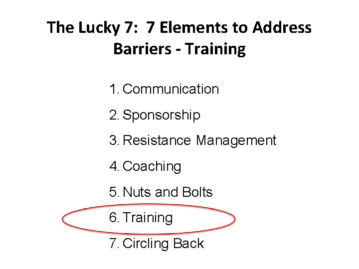 The Lucky 7: 7 Elements to Address Barriers - Training 1. Communication 2. Sponsorship