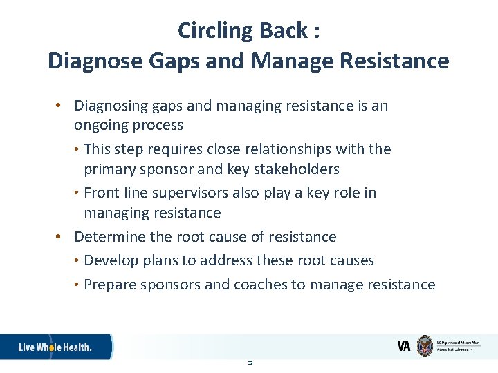 Circling Back : Diagnose Gaps and Manage Resistance • Diagnosing gaps and managing resistance