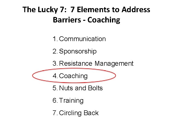 The Lucky 7: 7 Elements to Address Barriers - Coaching 1. Communication 2. Sponsorship