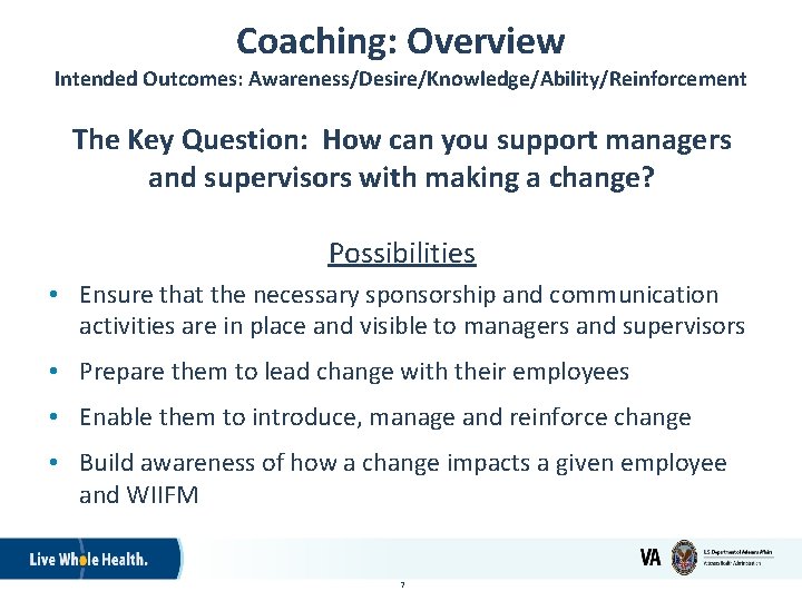Coaching: Overview Intended Outcomes: Awareness/Desire/Knowledge/Ability/Reinforcement The Key Question: How can you support managers and