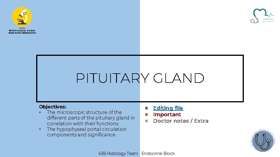 PITUITARY GLAND Objectives: • The microscopic structure of the different parts of the pituitary