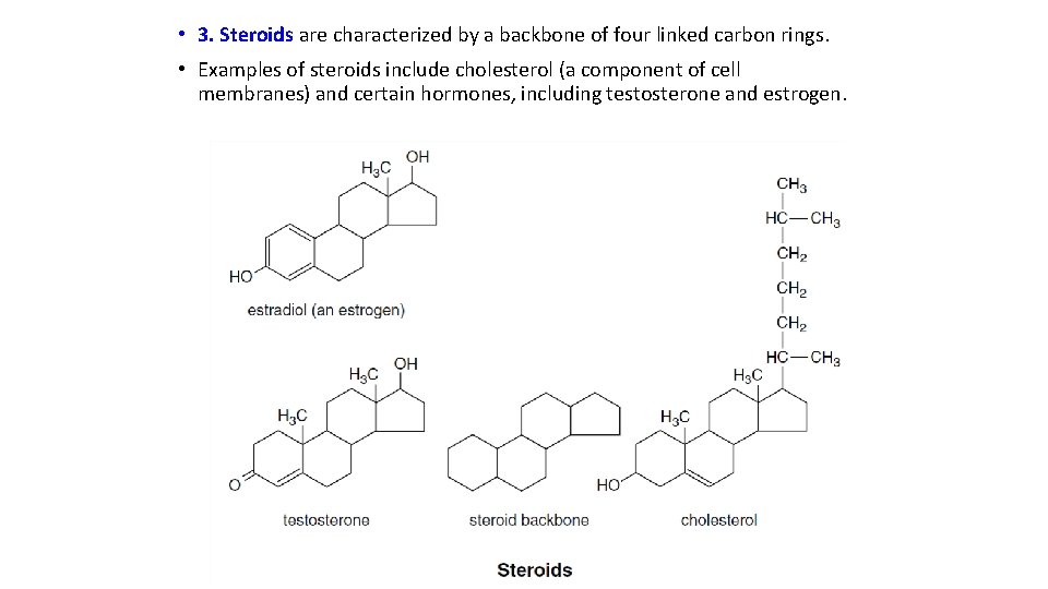  • 3. Steroids are characterized by a backbone of four linked carbon rings.