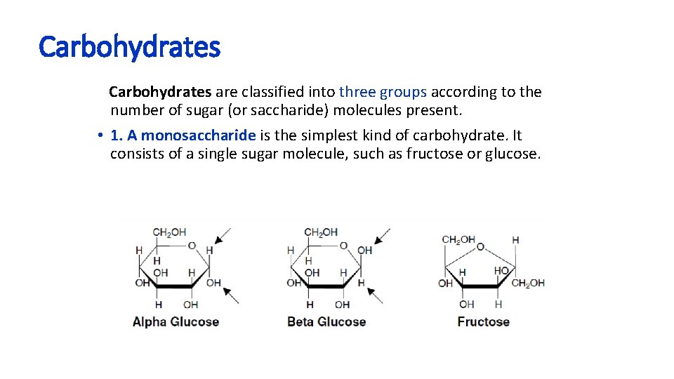Carbohydrates are classified into three groups according to the number of sugar (or saccharide)