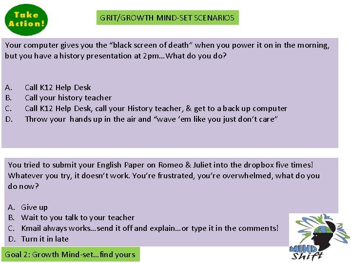 GRIT/GROWTH MIND-SET SCENARIOS Your computer gives you the “black screen of death” when you