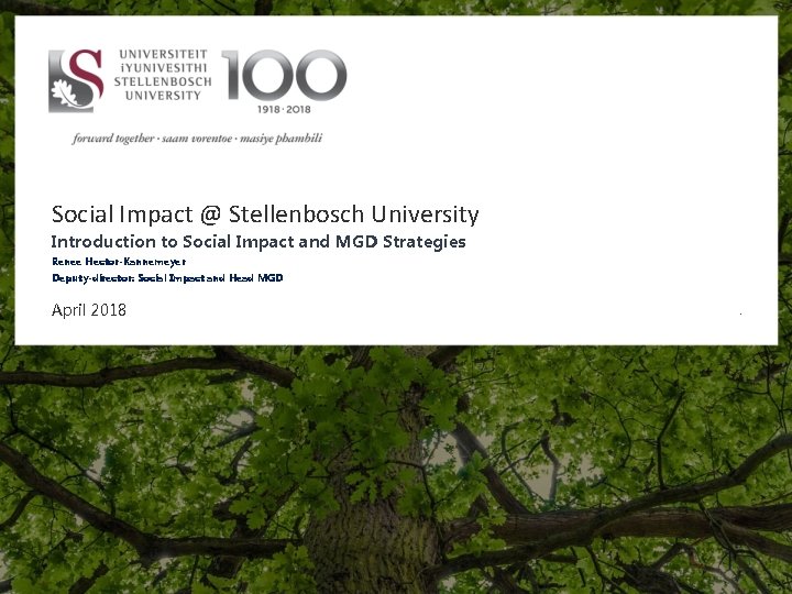 Social Impact @ Stellenbosch University Introduction to Social Impact and MGD Strategies Renee Hector-Kannemeyer