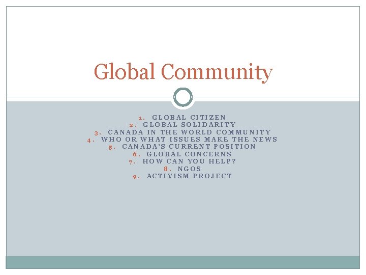Global Community GLOBAL CITIZEN 2. GLOBAL SOLIDARITY 3. CANADA IN THE WORLD COMMUNITY 4.