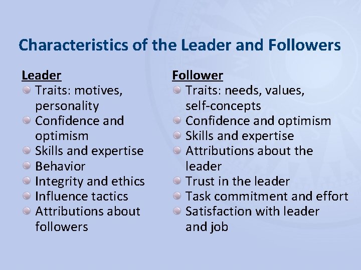 Characteristics of the Leader and Followers Leader Traits: motives, personality Confidence and optimism Skills