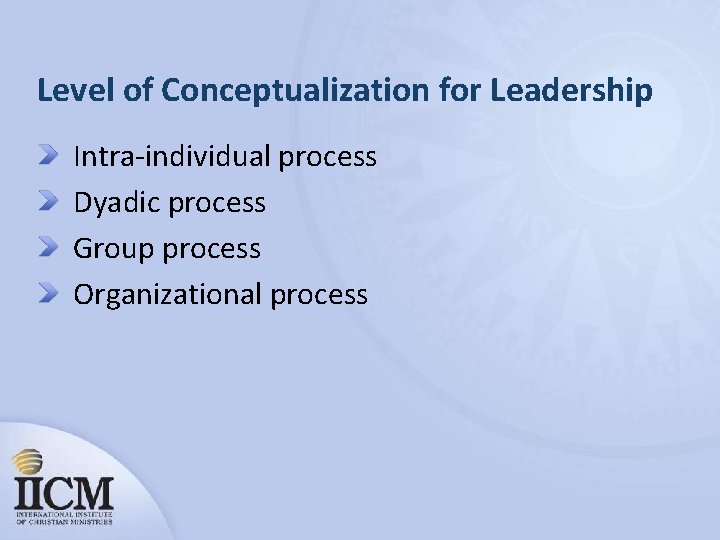 Level of Conceptualization for Leadership Intra-individual process Dyadic process Group process Organizational process 
