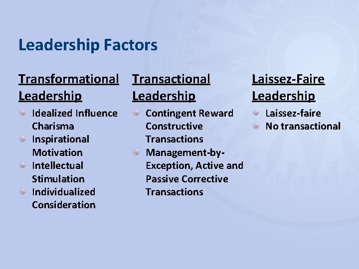 Leadership Factors Transformational Transactional Leadership Idealized Influence Charisma Inspirational Motivation Intellectual Stimulation Individualized Consideration