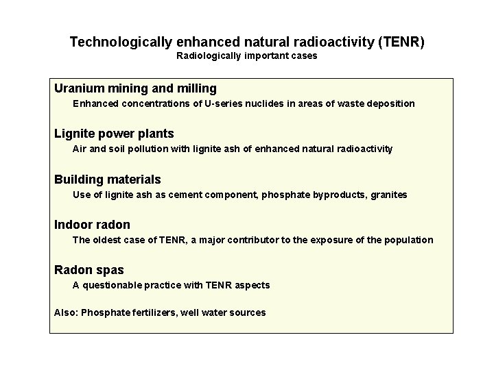 Technologically enhanced natural radioactivity (TENR) Radiologically important cases Uranium mining and milling Enhanced concentrations Technologically enhanced natural radioactivity (TENR) Radiologically important cases Uranium mining and milling Enhanced concentrations