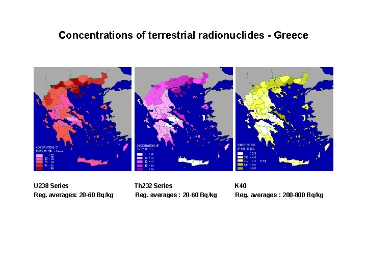 Concentrations of terrestrial radionuclides - Greece U 238 Series Reg. averages: 20 -60 Bq/kg Concentrations of terrestrial radionuclides - Greece U 238 Series Reg. averages: 20 -60 Bq/kg