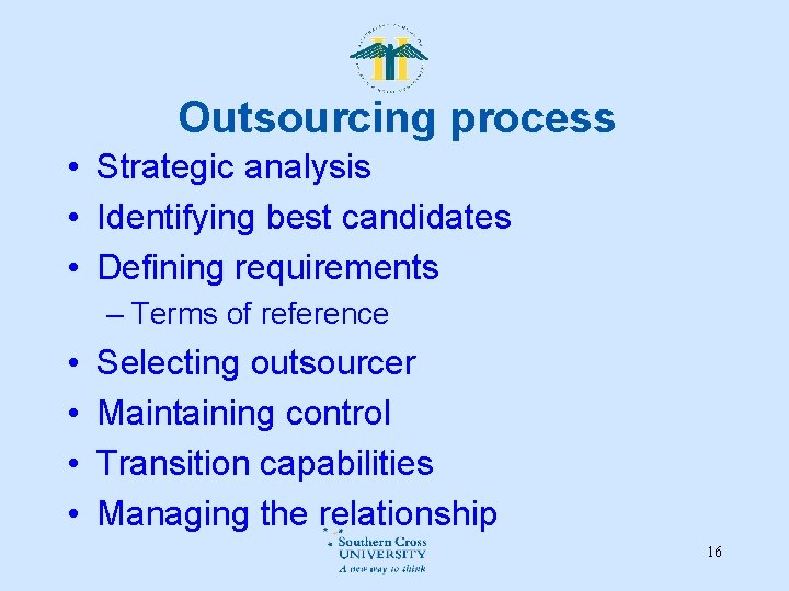 Outsourcing process • Strategic analysis • Identifying best candidates • Defining requirements – Terms Outsourcing process • Strategic analysis • Identifying best candidates • Defining requirements – Terms