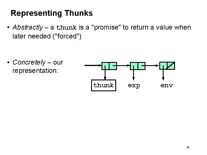 Representing Thunks • Abstractly – a thunk is a "promise" to return a value