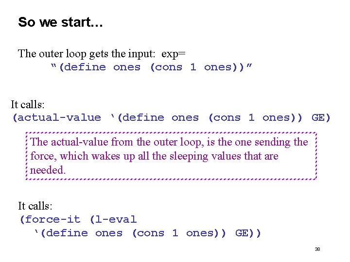 So we start… The outer loop gets the input: exp= “(define ones (cons 1