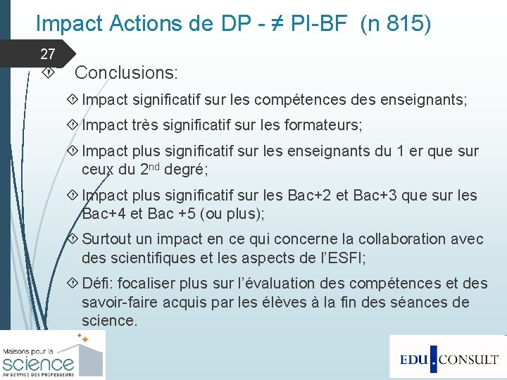 Impact Actions de DP - ≠ PI-BF (n 815) 27 Conclusions: Impact significatif sur