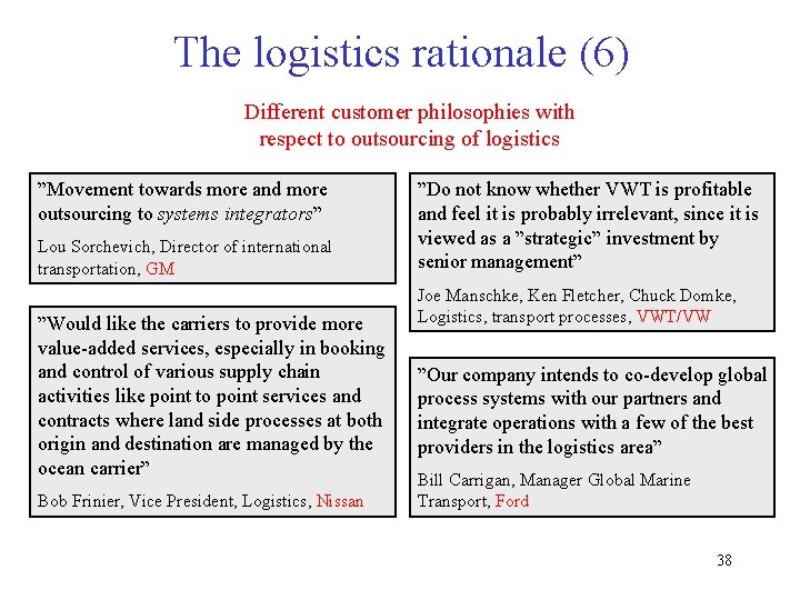 The logistics rationale (6) Different customer philosophies with respect to outsourcing of logistics ”Movement