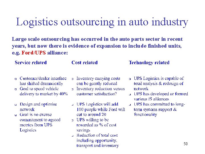 Logistics outsourcing in auto industry Large scale outsourcing has occurred in the auto parts