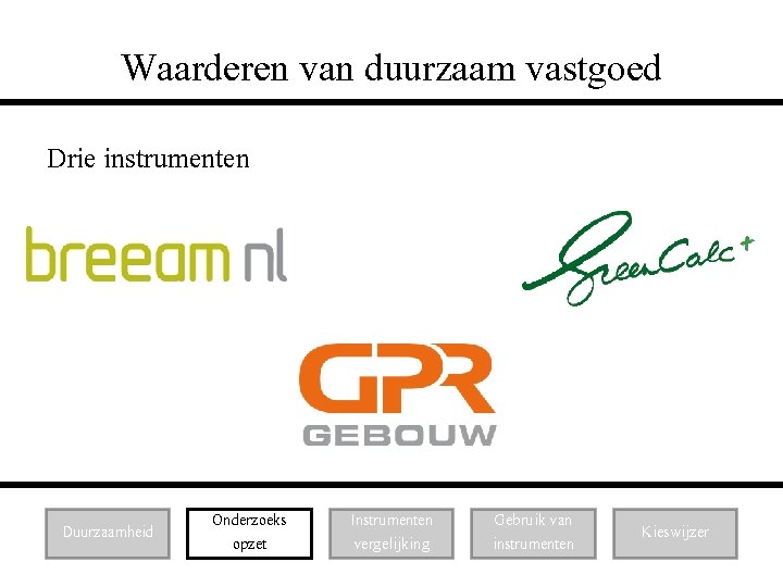 Waarderen van duurzaam vastgoed Drie instrumenten Duurzaamheid Onderzoeks opzet Instrumenten vergelijking Gebruik van instrumenten