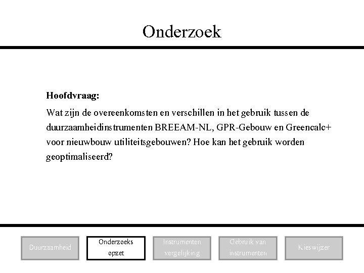 Onderzoek Hoofdvraag: Wat zijn de overeenkomsten en verschillen in het gebruik tussen de duurzaamheidinstrumenten