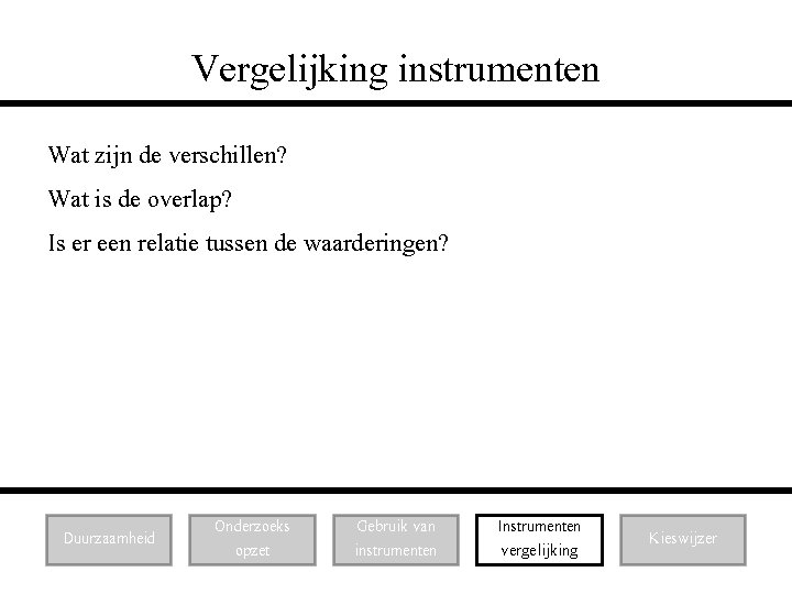 Vergelijking instrumenten Wat zijn de verschillen? Wat is de overlap? Is er een relatie