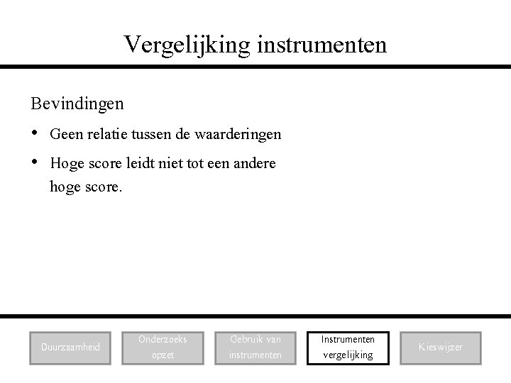 Vergelijking instrumenten Bevindingen • Geen relatie tussen de waarderingen • Hoge score leidt niet