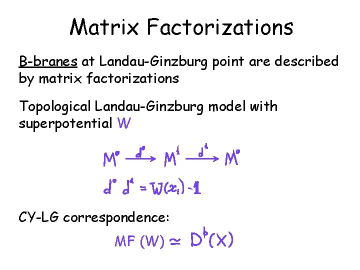 Matrix Factorizations B-branes at Landau-Ginzburg point are described by matrix factorizations Topological Landau-Ginzburg model