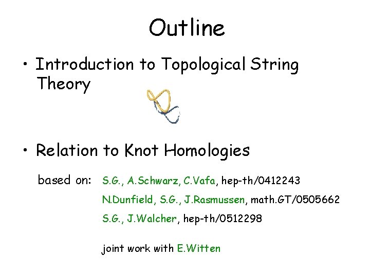Outline • Introduction to Topological String Theory • Relation to Knot Homologies based on: