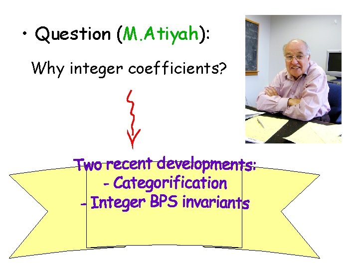  • Question (M. Atiyah): Why integer coefficients? 