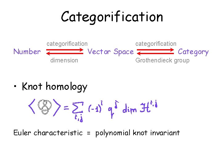 Categorification Number categorification Vector Space dimension categorification Category Grothendieck group • Knot homology Euler