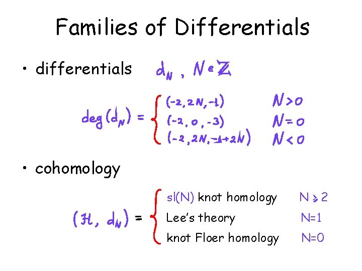 Families of Differentials • differentials • cohomology sl(N) knot homology N>2 Lee’s theory N=1