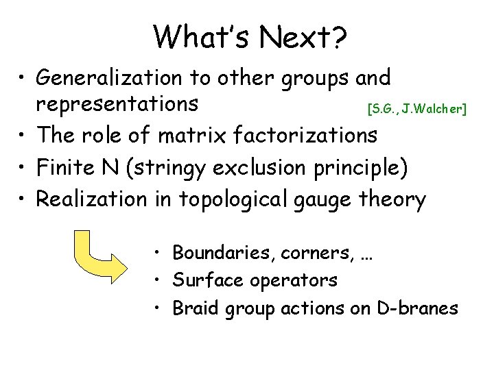 What’s Next? • Generalization to other groups and representations [S. G. , J. Walcher]