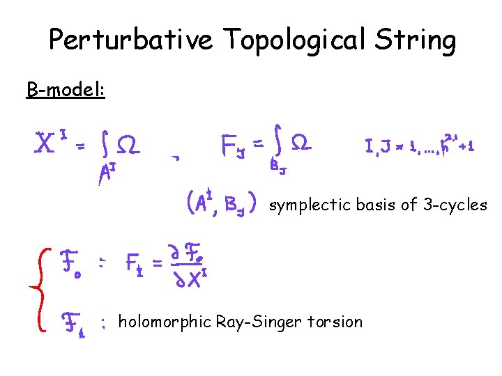 Perturbative Topological String B-model: symplectic basis of 3 -cycles holomorphic Ray-Singer torsion 