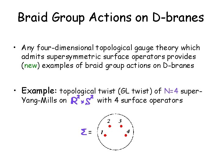 Braid Group Actions on D-branes • Any four-dimensional topological gauge theory which admits supersymmetric