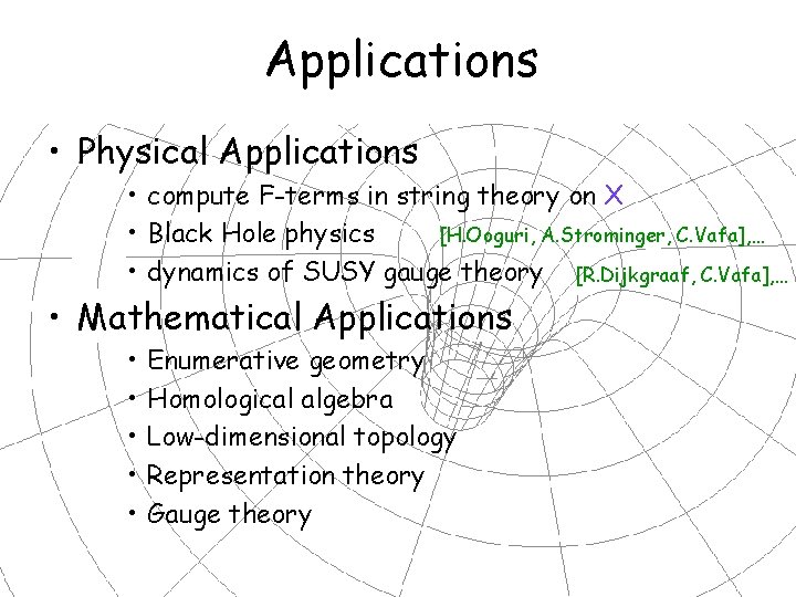 Applications • Physical Applications • compute F-terms in string theory on X [H. Ooguri,