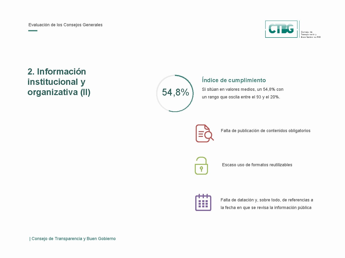 Evaluación de los Consejos Generales 2. Información institucional y organizativa (II) Índice de cumplimiento