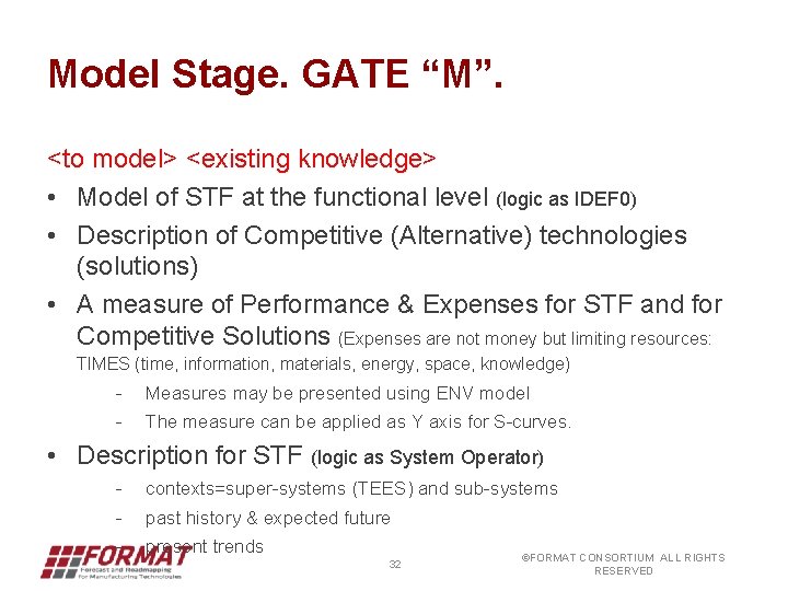 Model Stage. GATE “M”. <to model> <existing knowledge> • Model of STF at the