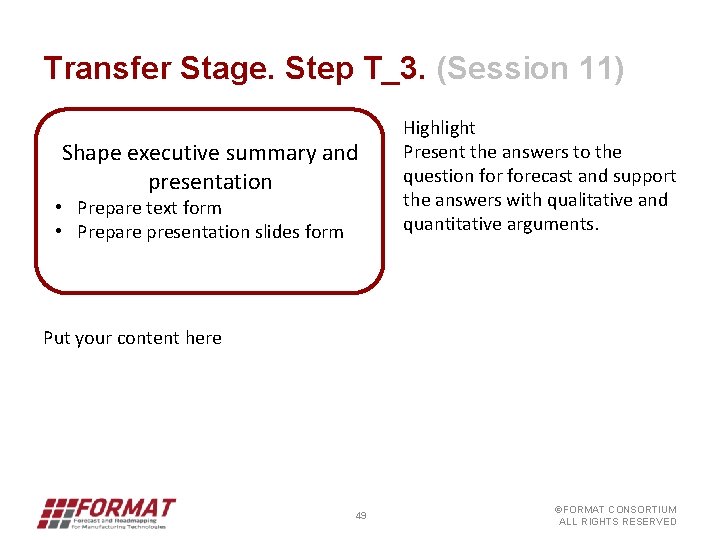 Transfer Stage. Step T_3. (Session 11) Shape executive summary and presentation • Prepare text