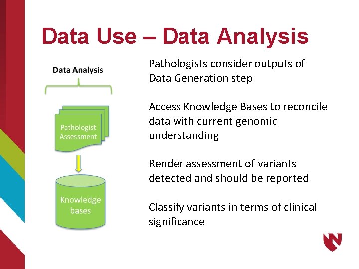 Data Use – Data Analysis Pathologists consider outputs of Data Generation step Access Knowledge