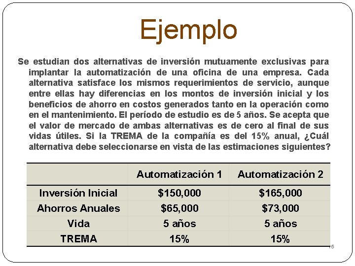 Ejemplo Se estudian dos alternativas de inversión mutuamente exclusivas para implantar la automatización de