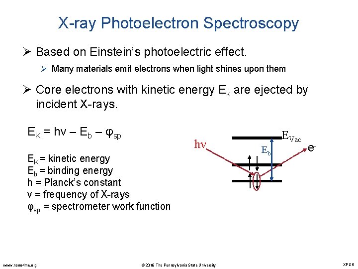 X-ray Photoelectron Spectroscopy Ø Based on Einstein’s photoelectric effect. Ø Many materials emit electrons