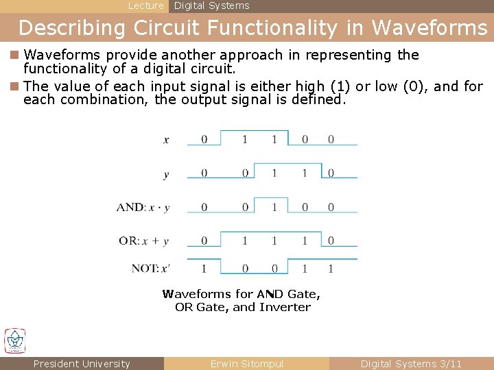 Lecture Digital Systems Describing Circuit Functionality in Waveforms provide another approach in representing the Lecture Digital Systems Describing Circuit Functionality in Waveforms provide another approach in representing the