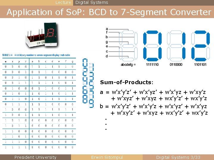 Lecture Digital Systems Application of So. P: BCD to 7 -Segment Converter Sum-of-Products: a Lecture Digital Systems Application of So. P: BCD to 7 -Segment Converter Sum-of-Products: a