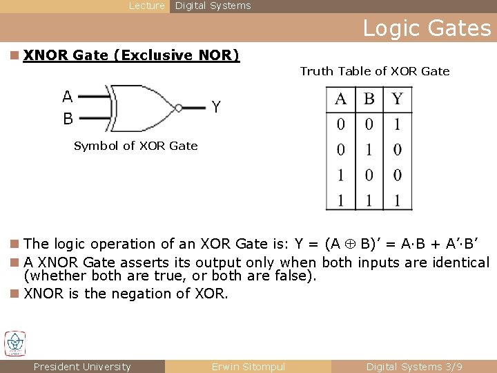 Lecture Digital Systems Logic Gates n XNOR Gate (Exclusive NOR) Truth Table of XOR Lecture Digital Systems Logic Gates n XNOR Gate (Exclusive NOR) Truth Table of XOR